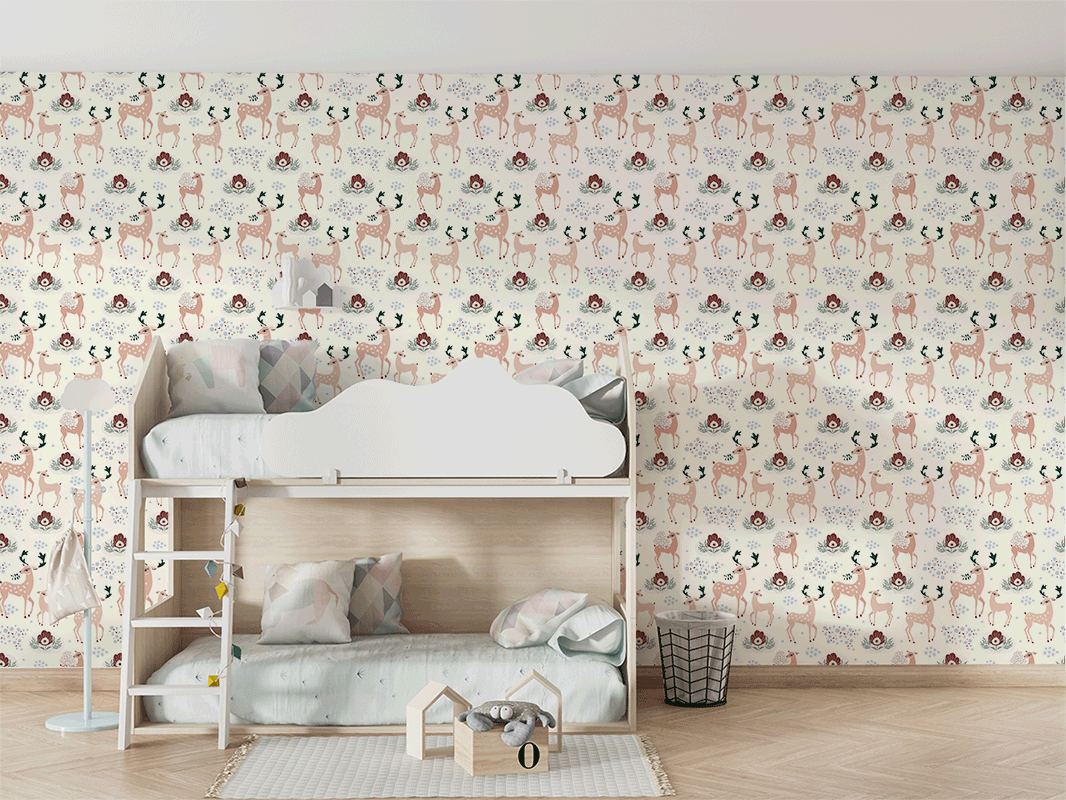 Deer family in a magic forest - custom printed wallpaper for kids