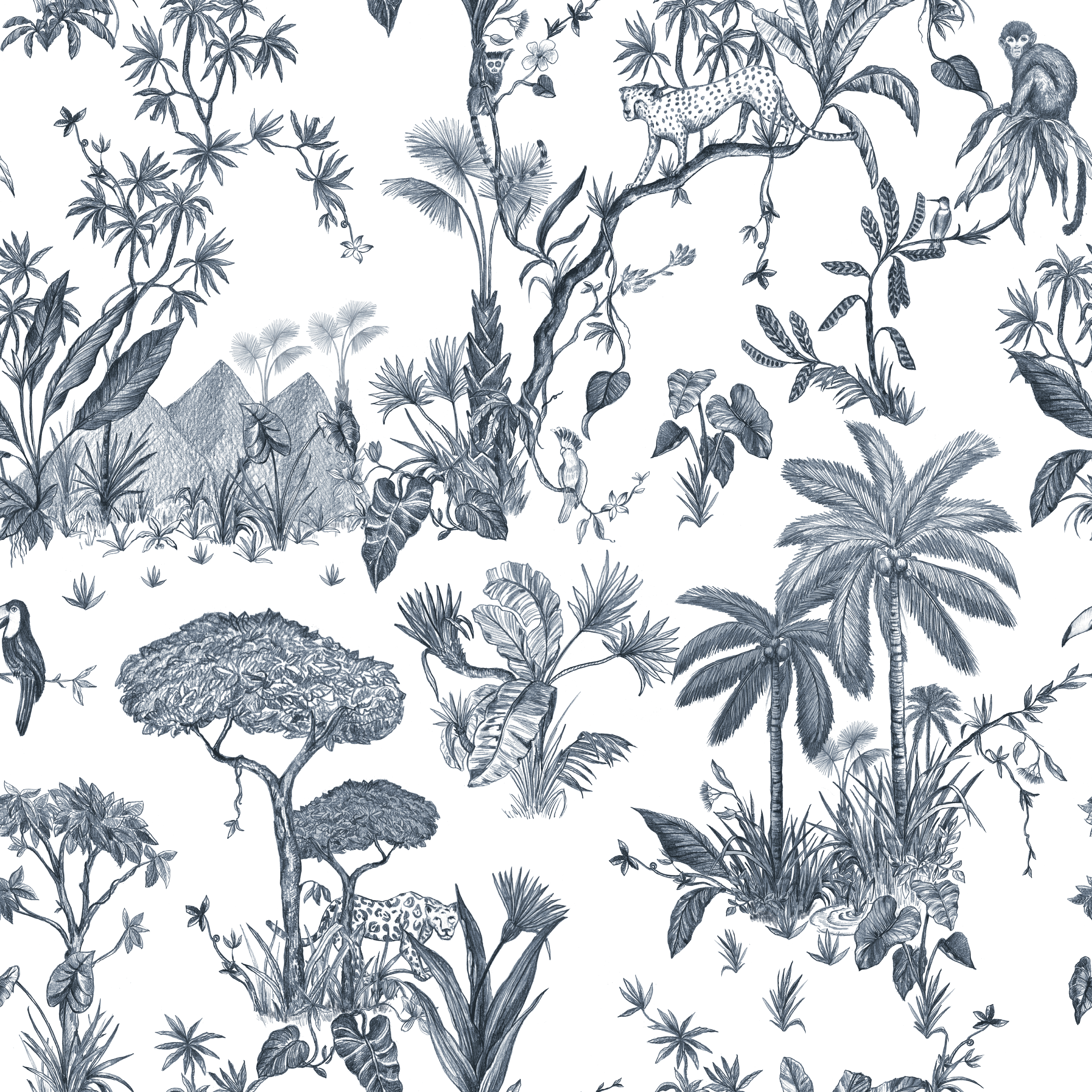 Hand-drawn Toile de Jungle – Blue