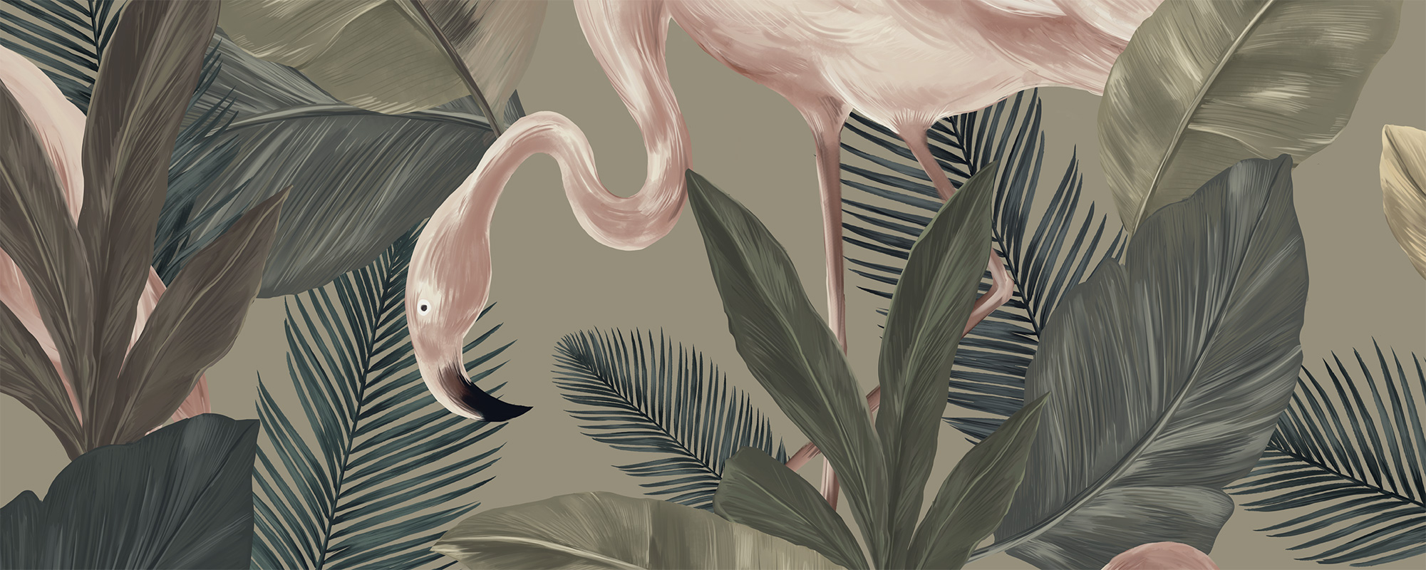 Flamingo Club - Olive Green, Tropical Bespoke Design Wallpaper
