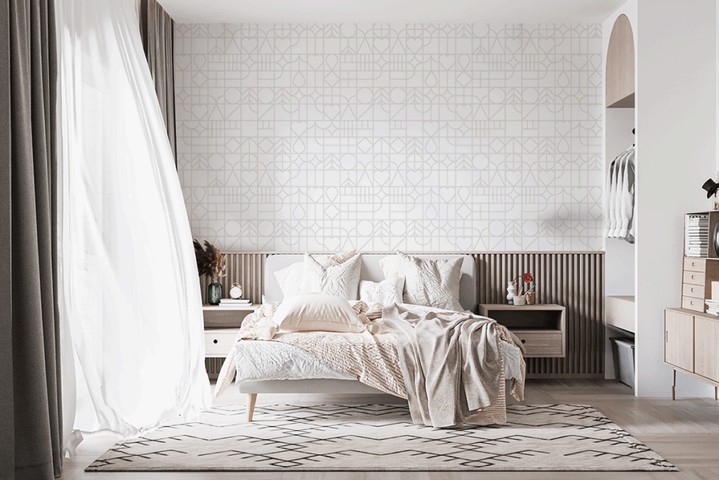 Geometric repeat pattern wallpaper in Scandinavian minimal style, set on a bedroom wall. Baubauwall Wallpapers