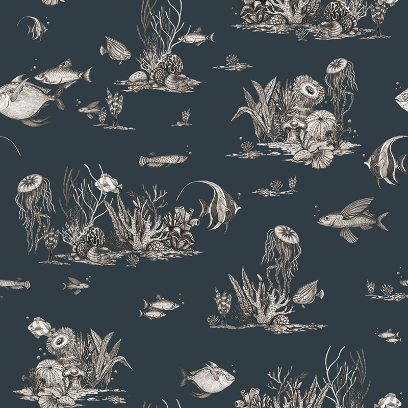 Hand–drawn Toile de Jouy Sealife – Muted Blue