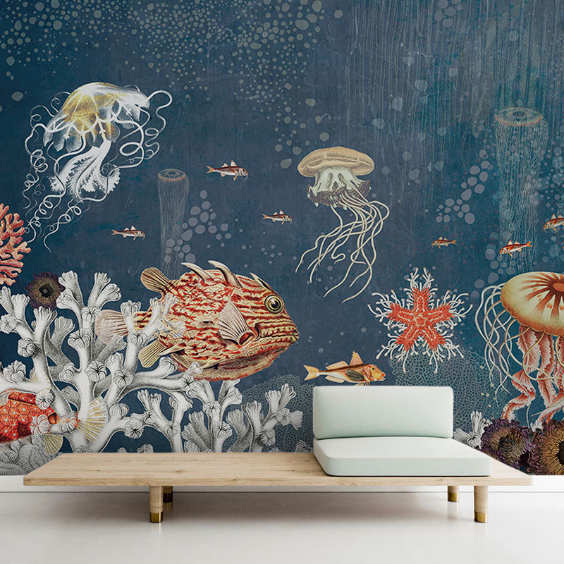 Inspiring deep blue designer sea mural with underwater sea creatures