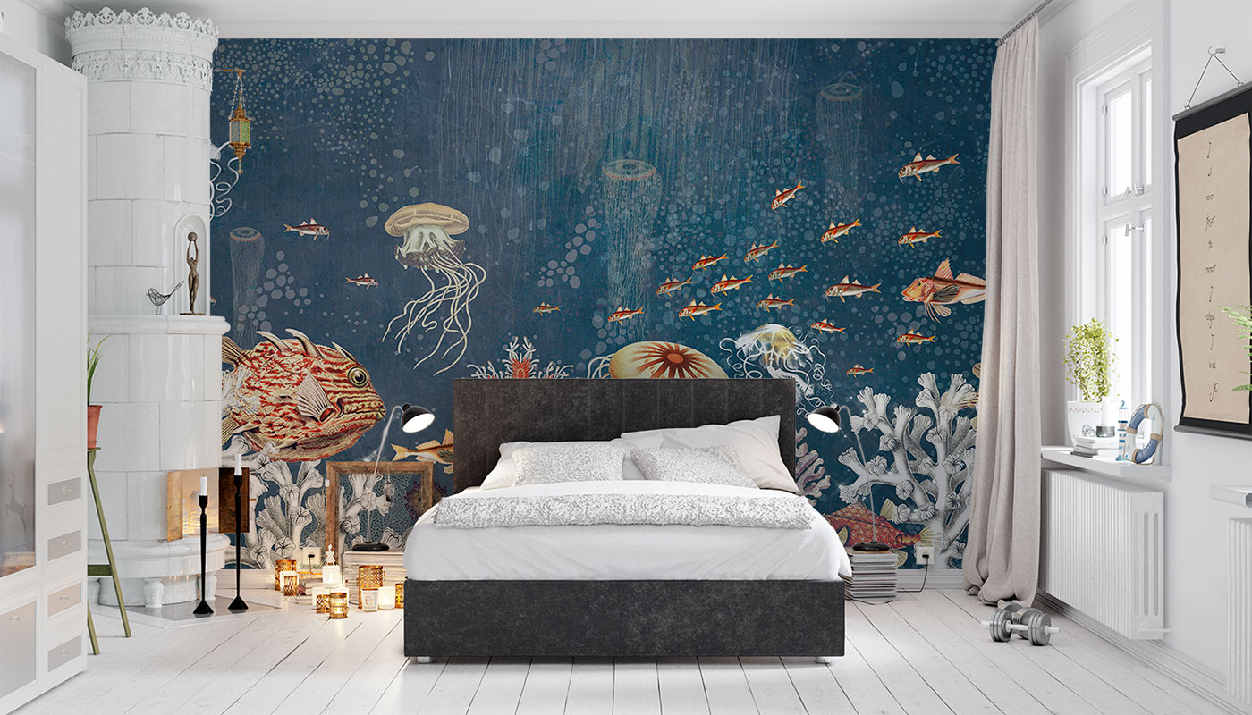 Inspiring deep blue designer sea mural with underwater sea creatures