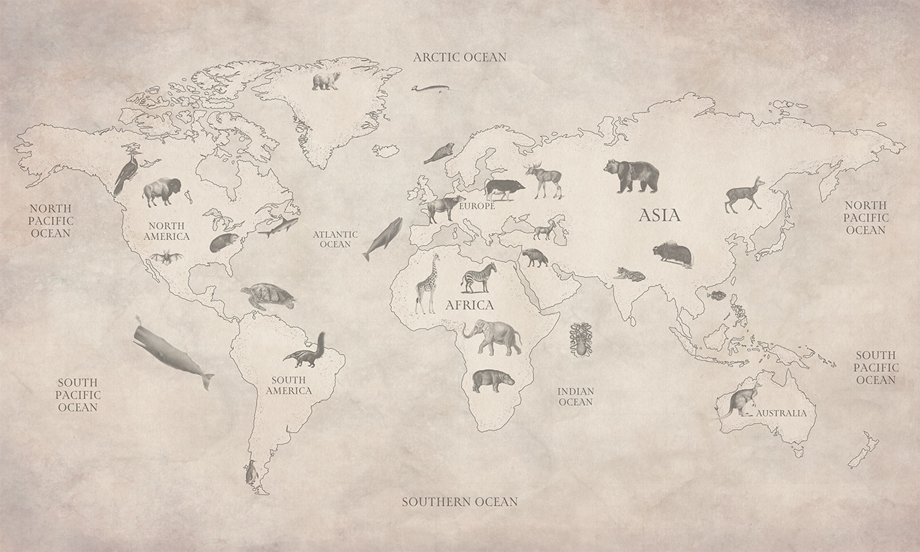 World Map Animal Safari – Beige