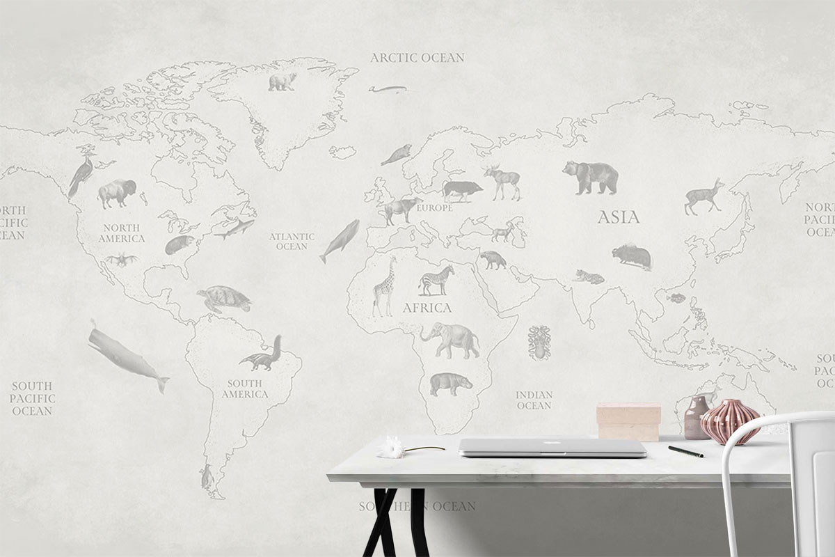 World Map Animal Safari – Grey