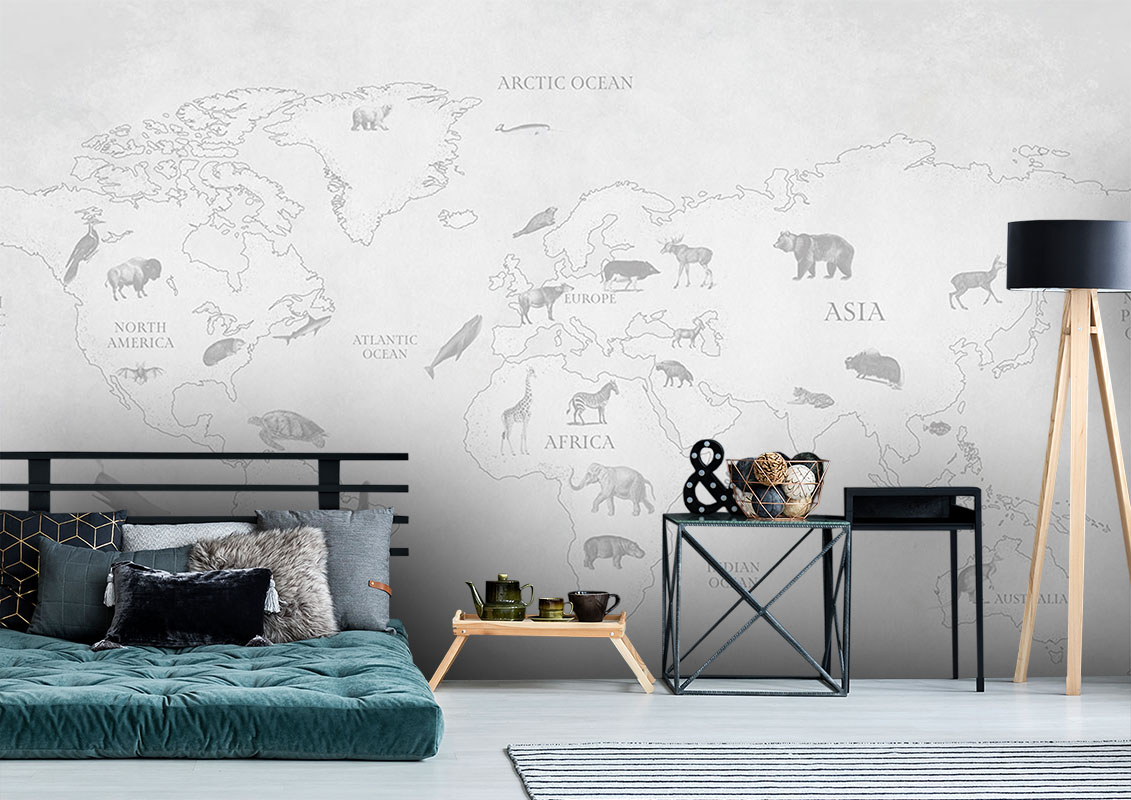 World Map Animal Safari – Grey