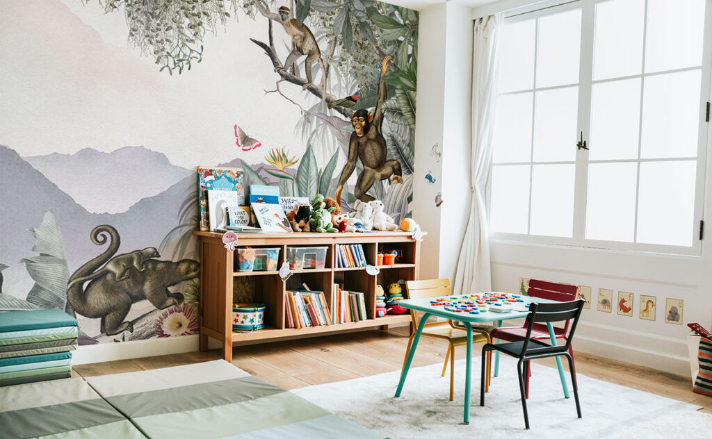 Kids room fun wallpaper with jungle view and monkeys