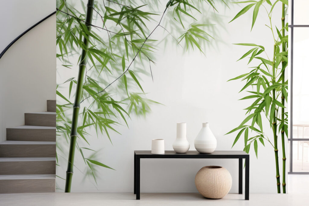 Misty bamboo leaves photo wallpaper peeking through glass. Living room feature wall photo wallpaper