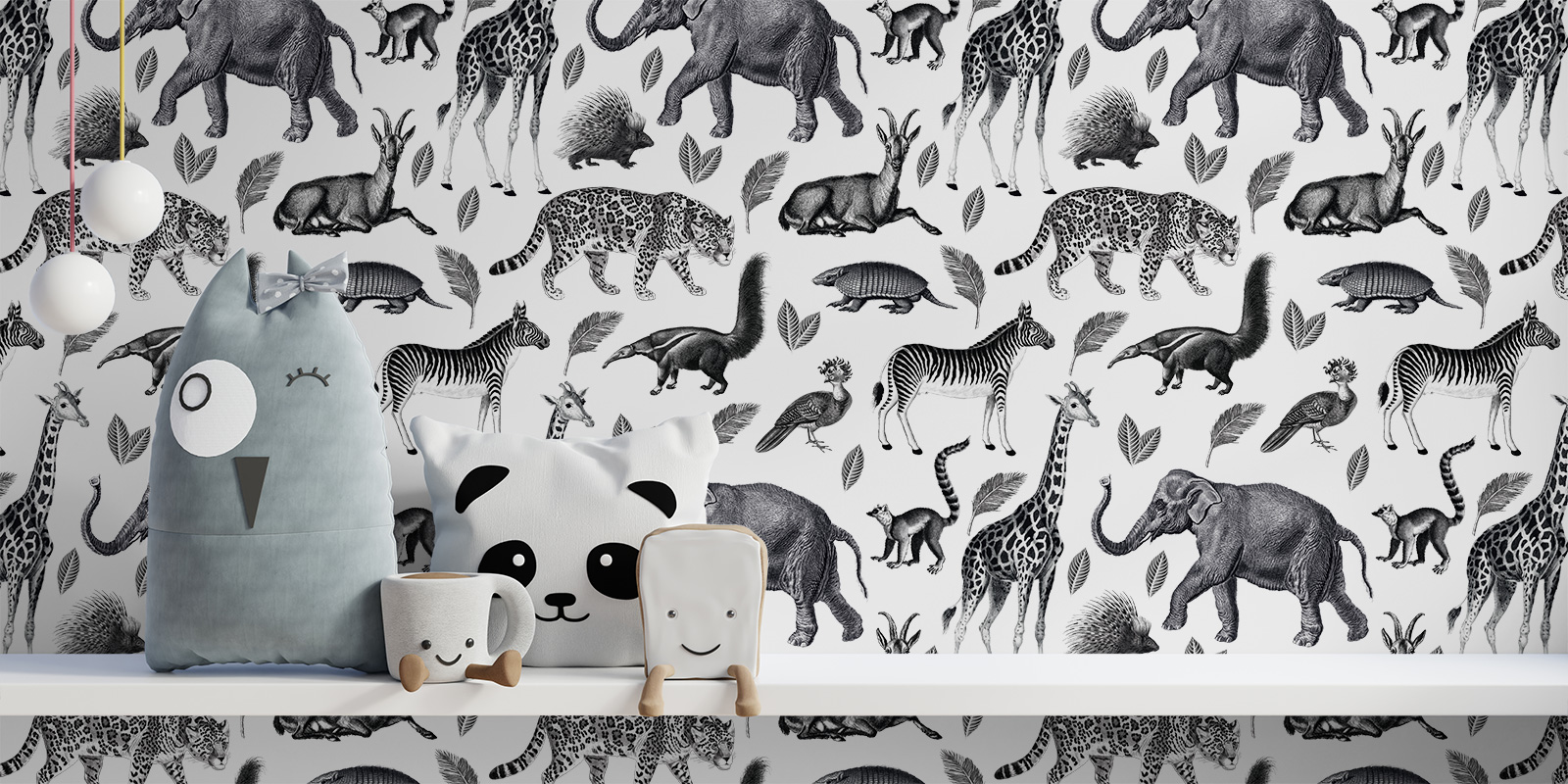 Black-white animal pattern wallpaper. Bold wallcovering choice.