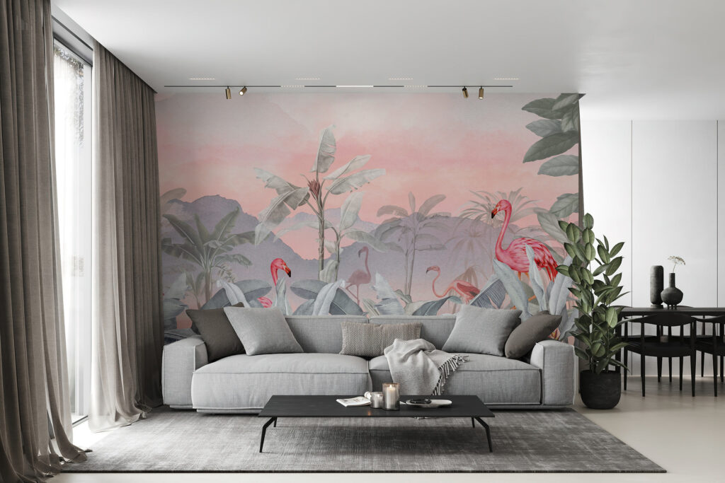 Pink flamingo mural wallpaper paired with grey furniture of a contemporary living room. Baubauwall Wallpapers