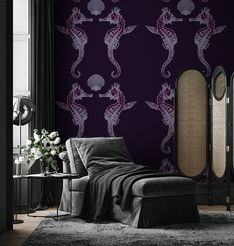 Aubergine, violet seahorses wallpaper. Designer collection