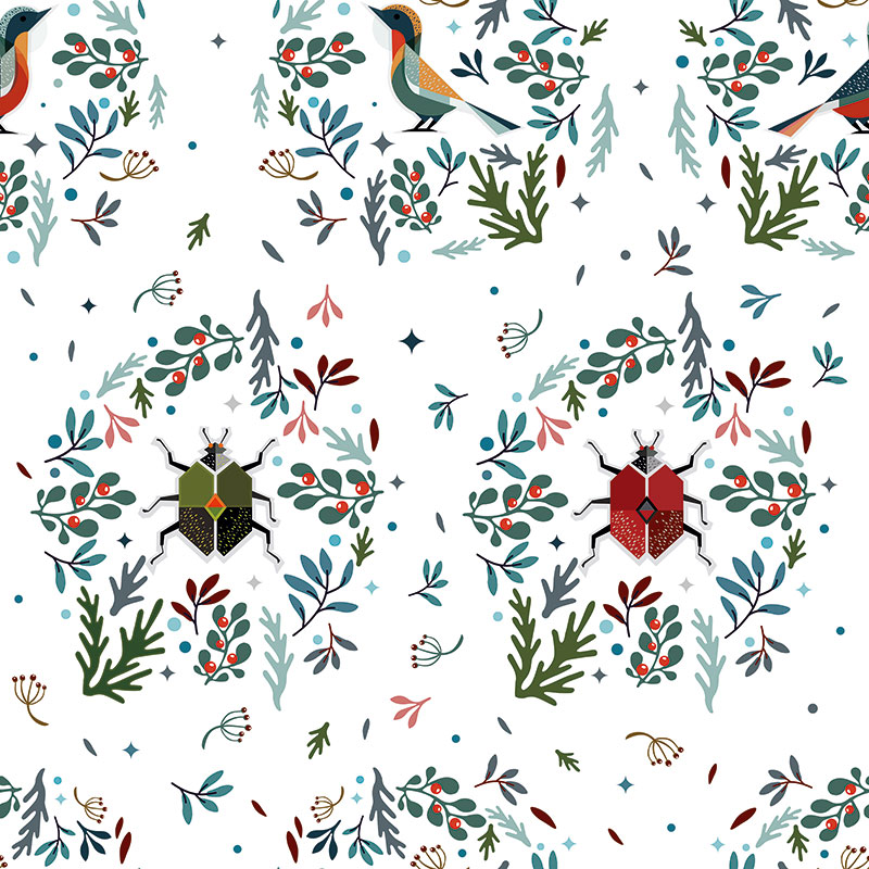 Birds and Beetles Vintage Universe – White