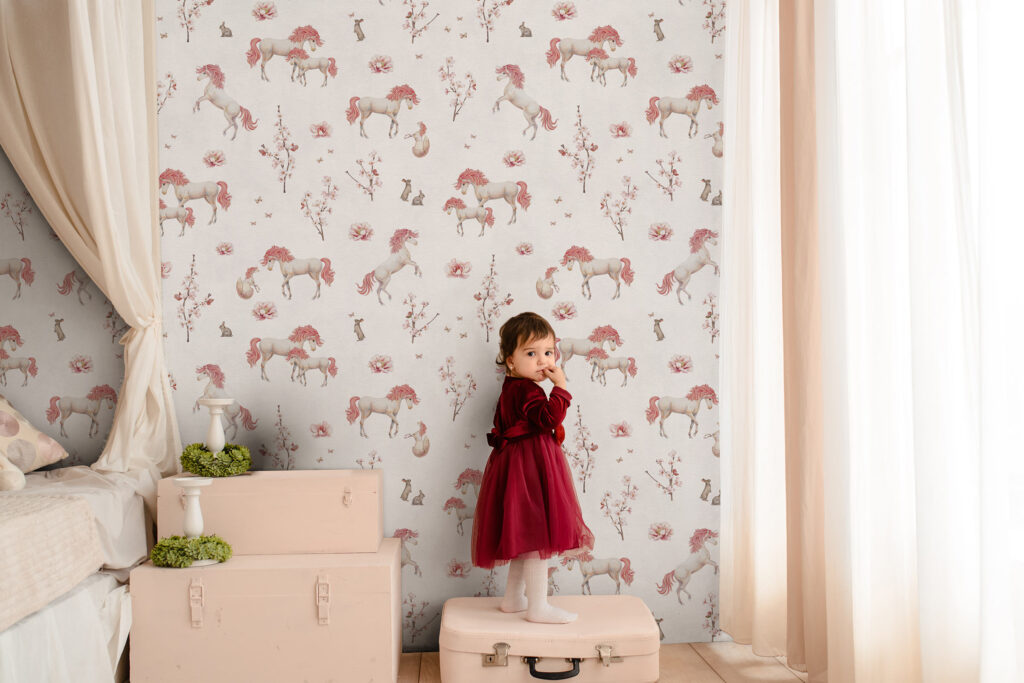 Wallpaper for little girls room! Pink unicorns fill this repeating pattern wallpaper with unique beauty and mysticism