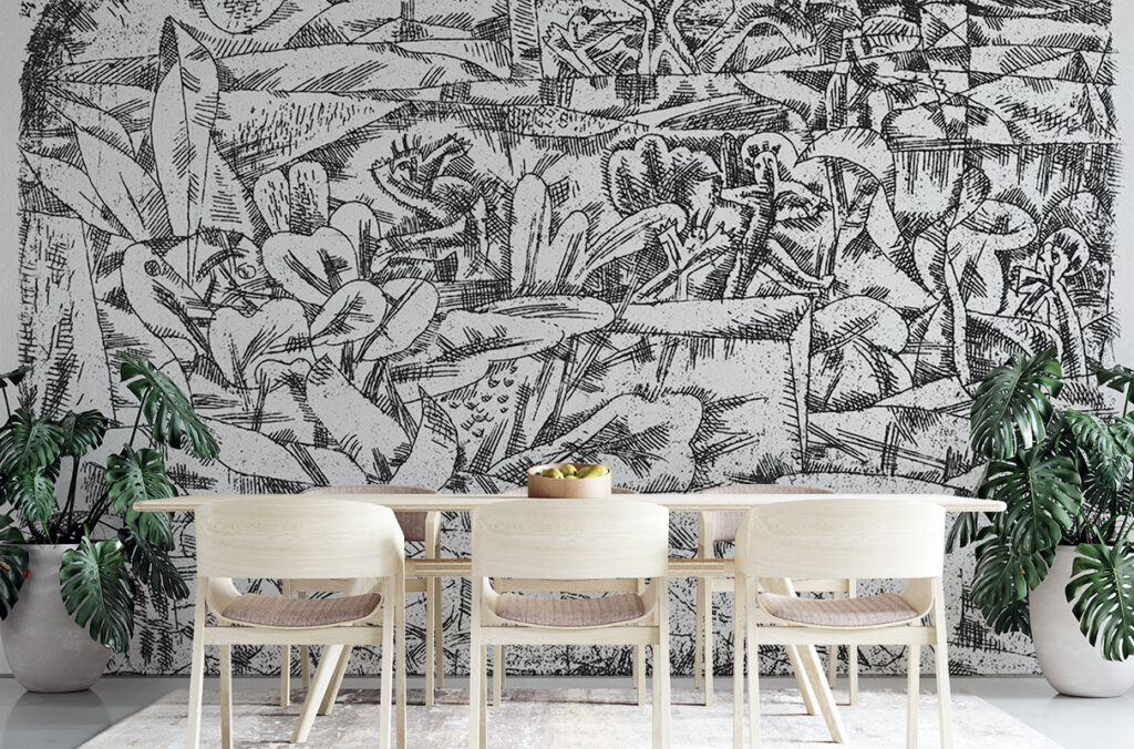 Art mural wallpaper with Paul Klee painting on a dining room wall