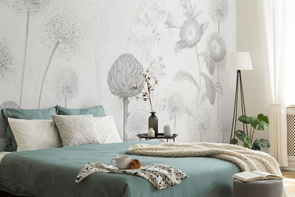 Bedroom mural wallpaper with large florals, botanical illustration. Baubauwall Wallpapers