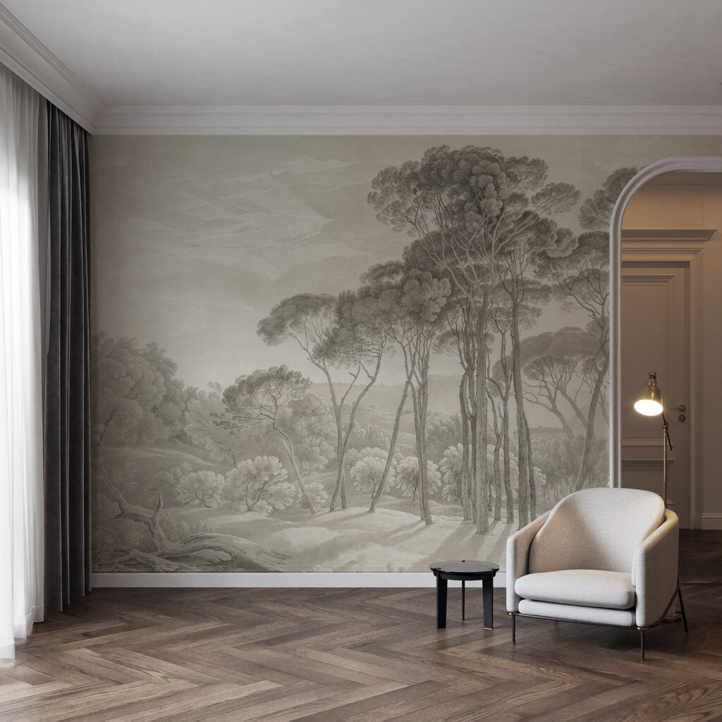 Pine tree mural wallpaper set on a contemporary living room wall. Vintage feel gorgeous wallpaper design by Baubauwall