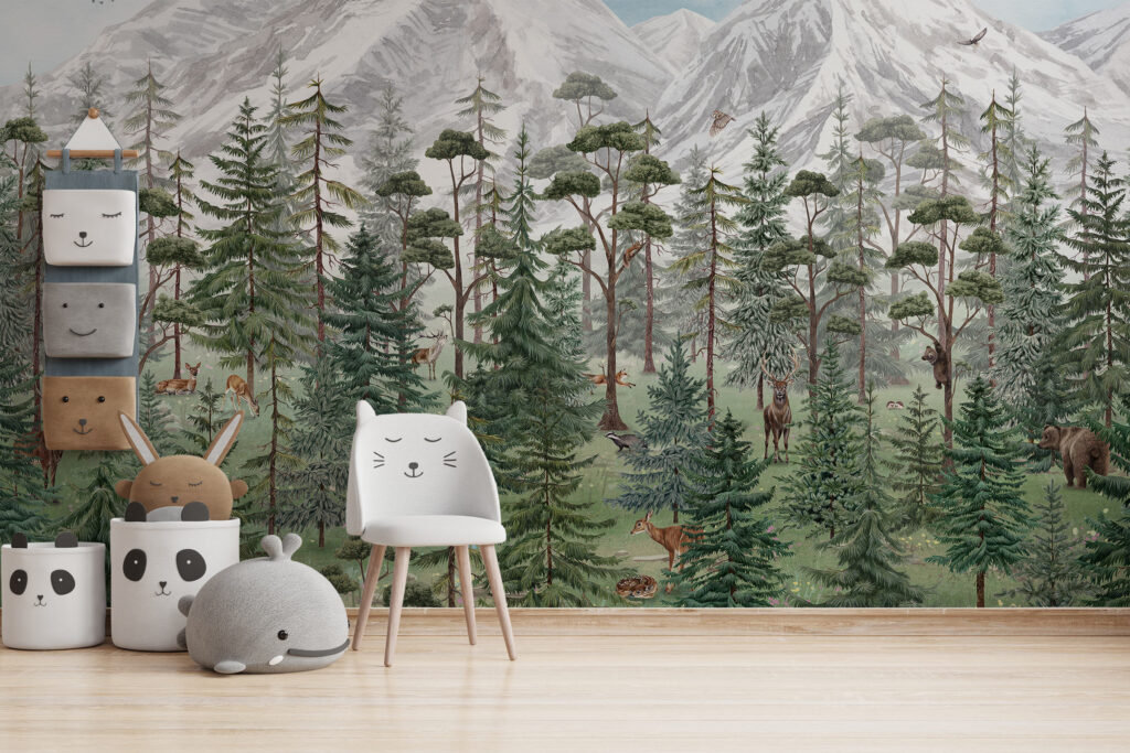Kids room mural wallapper with green forest and mouintain view. Baubauwall Wallpapers