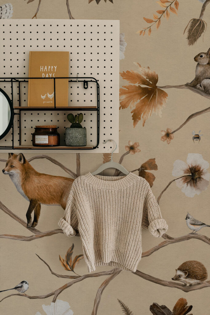 Beige mural wallpaper with foxes. Hand drawn design for kids feature wall. Baubauwall wallpapers