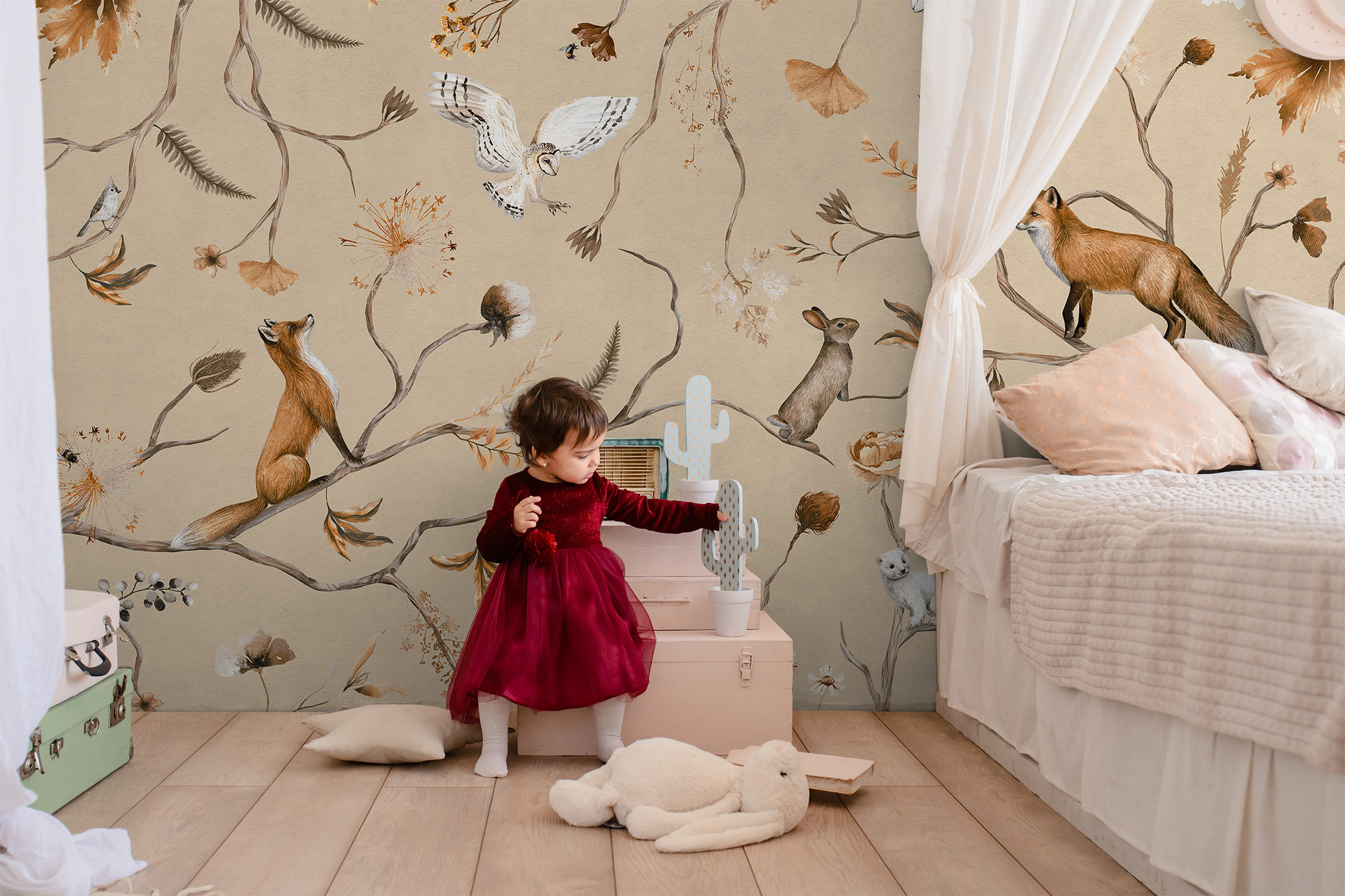 Forest of Playful Foxes – Beige
