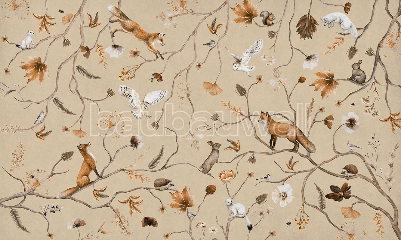 Forest of Playful Foxes – Beige