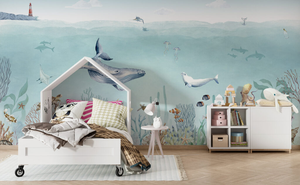 Children feature mural wall wallpaper of blue ocean and fish