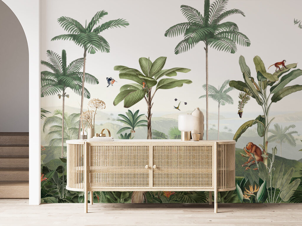 Panoramic Mural Wallpaper Thrilling Tropics in Muted Green