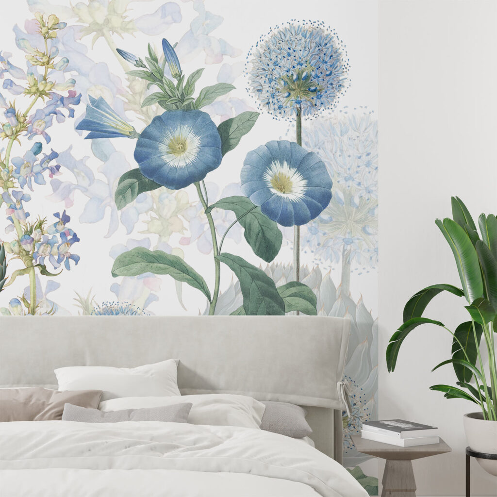 Mural wallpaper of large florals, installed on a contemporary style bedroom. Baubauwall wallpapers