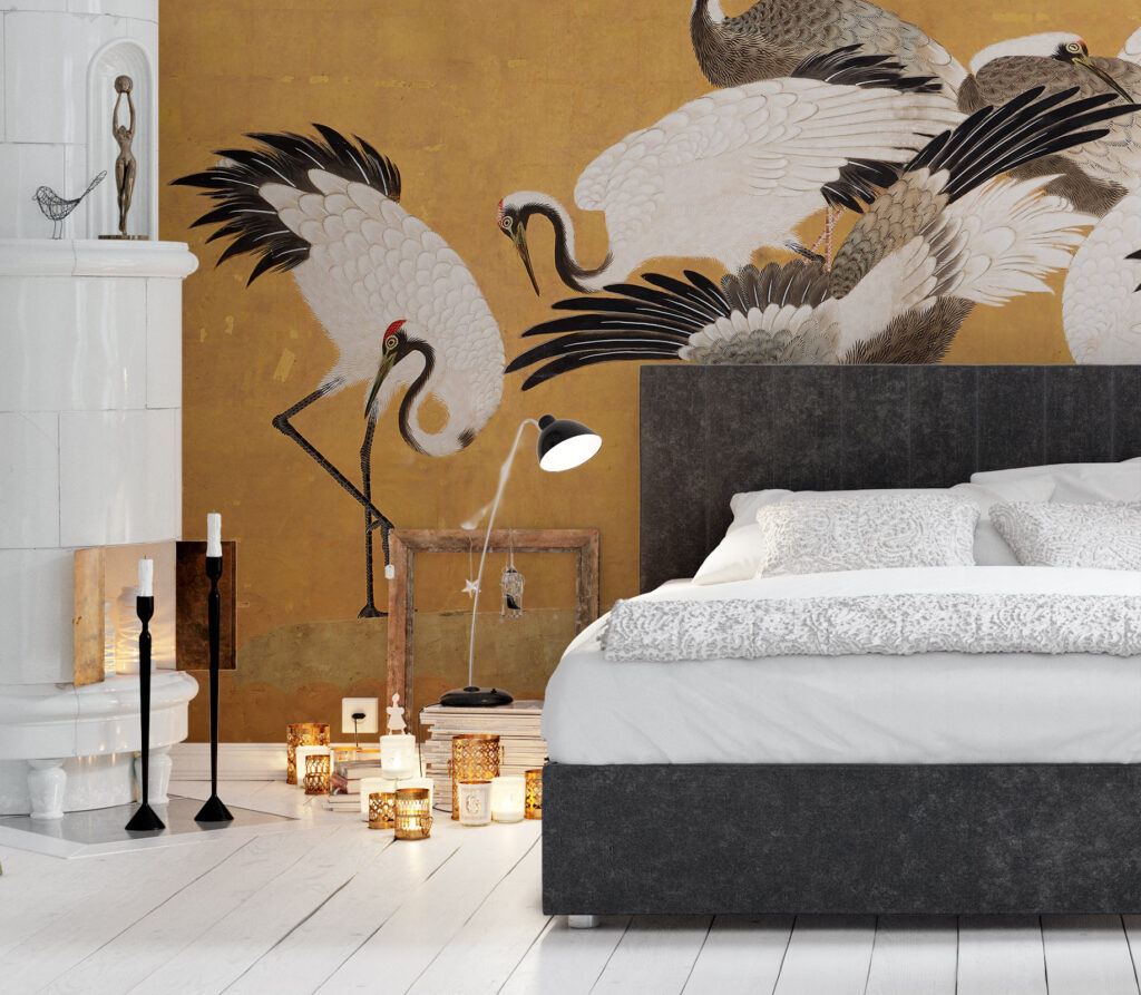 Panoramic Wallpaper Mural with Crane Birds