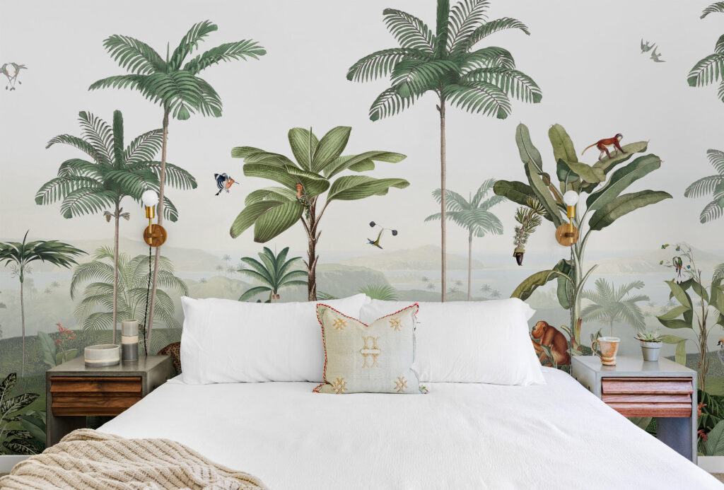 Panoramic Mural Wallpaper Thrilling Tropics in Muted Green