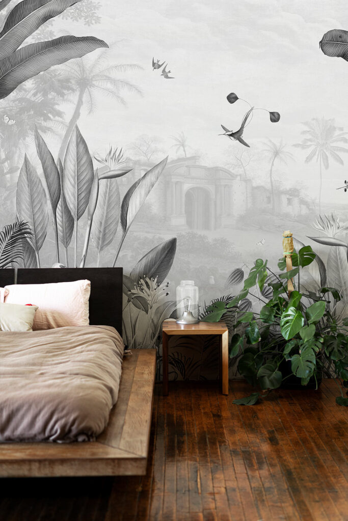 White Lotus interiors blend opulence with escapism, using richly detailed mural wallpapers to set the scene. Whether grand or compact, any space can capture the show’s timeless elegance with bold, panoramic designs.