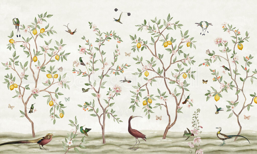 Chinoiserie mural wallpaper with lemon trees and birds
