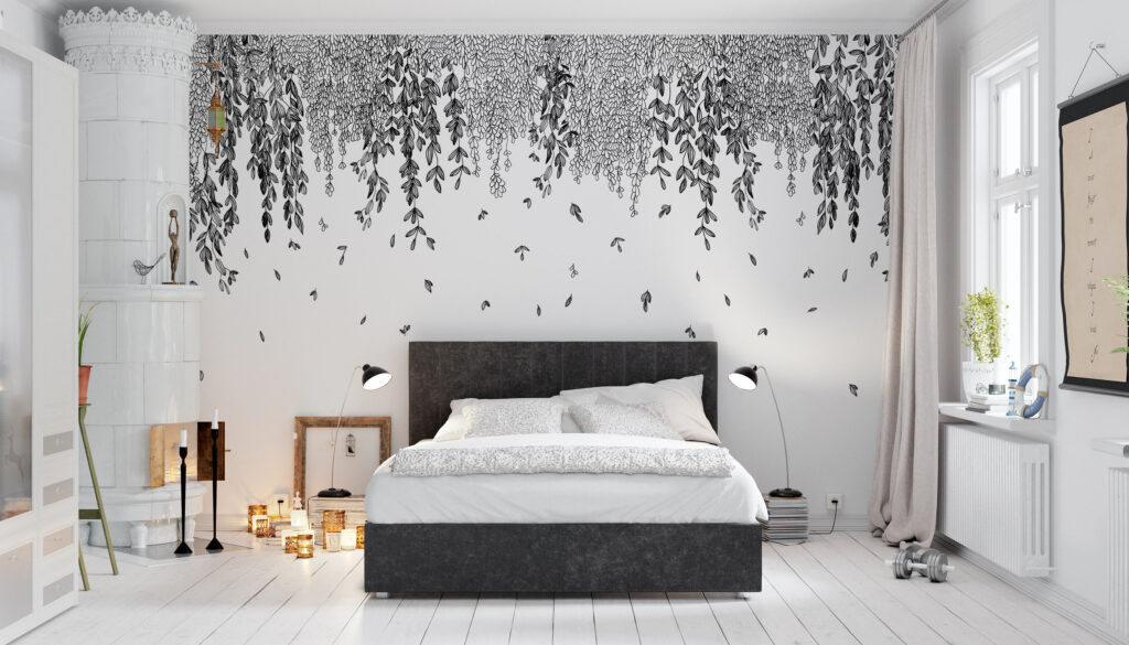 Feature wall wallpaper. Bedroom mural wallpaper with large florals, botanical illustration. Baubauwall Wallpapers