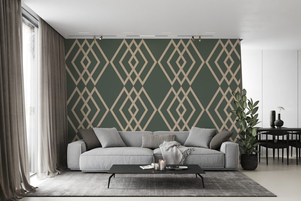 Living room feature wall Grand Gala on olive green by Baubauwall