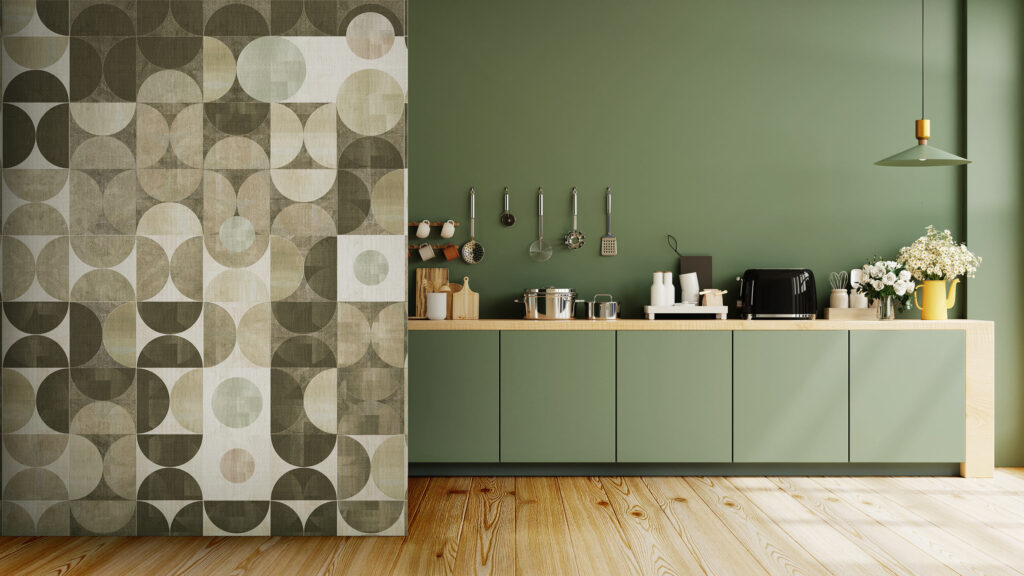 Beige mural wallpaper in a kitchen dining area wall