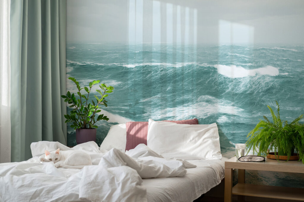 Bedroom Photo Mural Wallpaper - Stormy Ocean View in Teal. Printed on premium, non-woven wallpaper material.