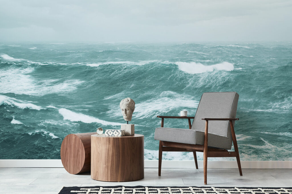 Living Room Photo Mural Wallpaper - Stormy Ocean View in Teal. Printed on premium, non-woven wallpaper material for easy install and great look.