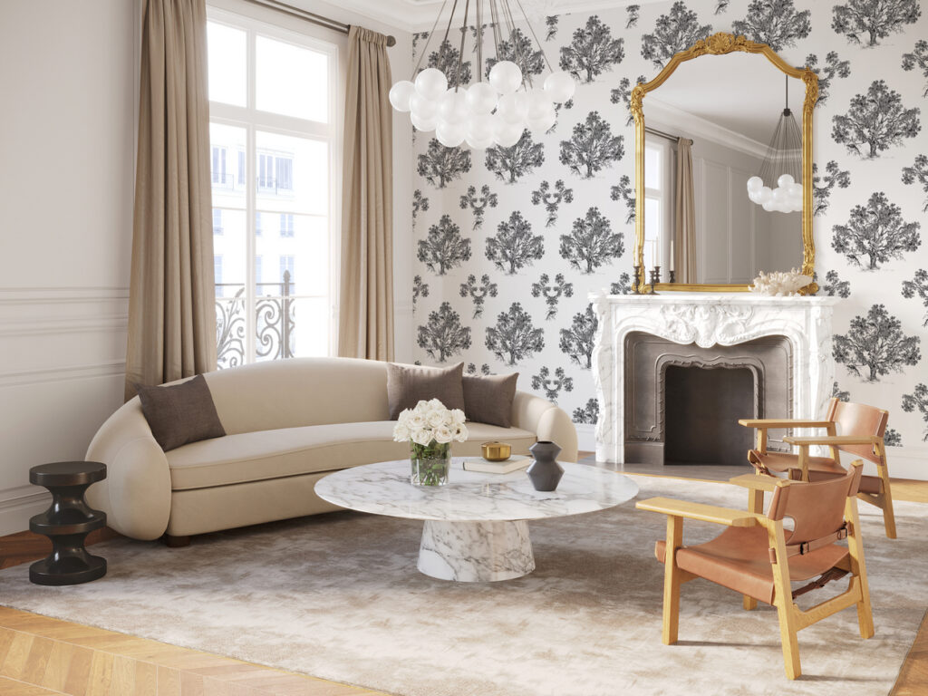 Luxury wallpaper in toile de jouy style, set on a Parisian apartment living room. Baubauwall wallpapers