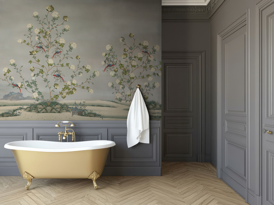 Bathroom wall mural wallpaper with hydrangeas and parrots. Baubauwall wallpapers