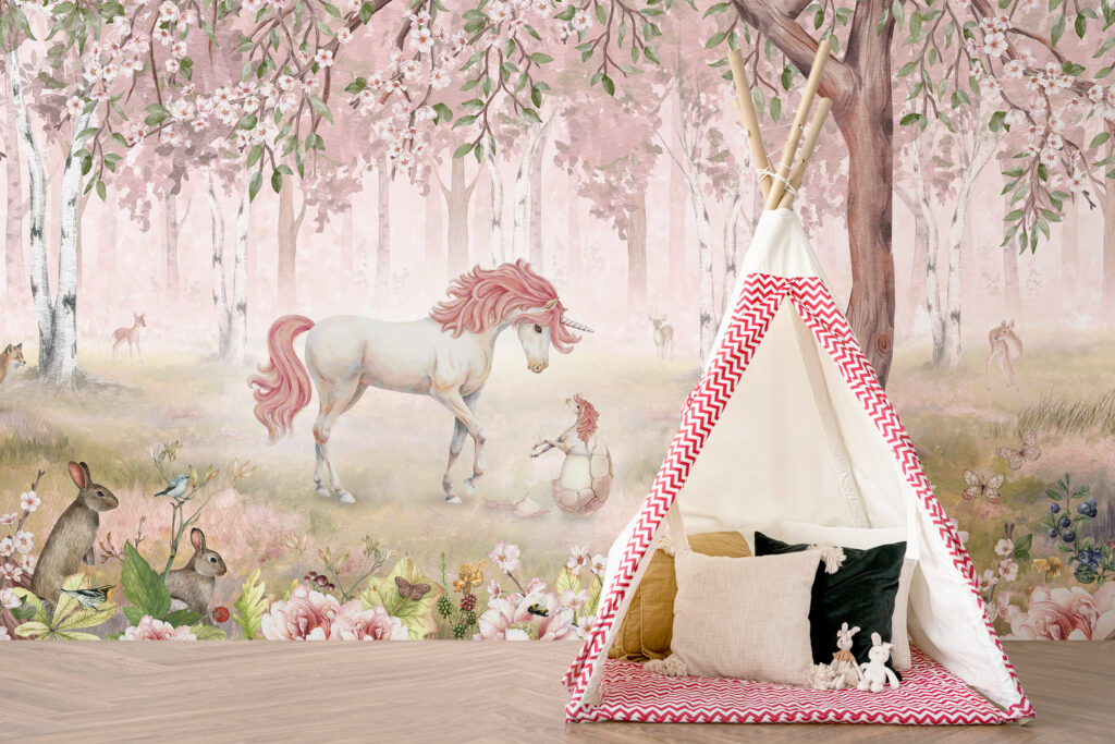Girls room wall mural wallpaper -Unicorn Forest in pink