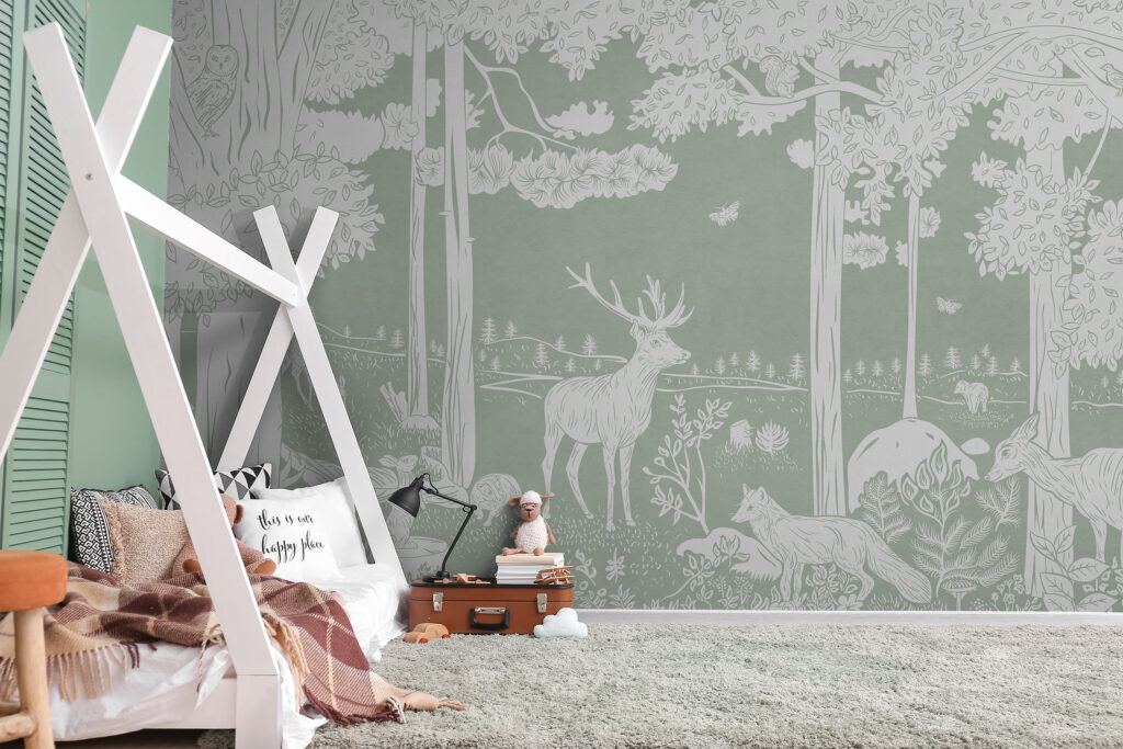 Monochrome, sage green kids room wallpapering mural