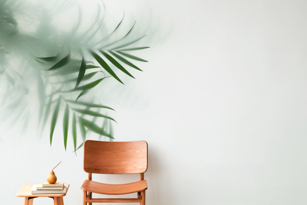 Misty, green palm tree photo wallpaper on a feature wall
