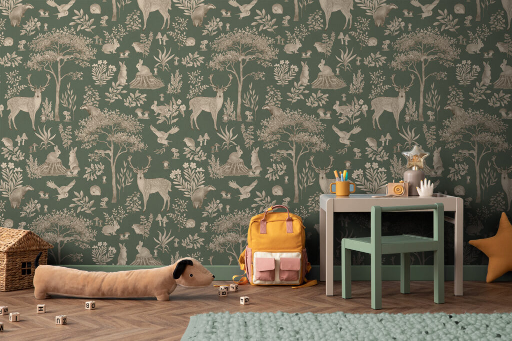 Green wallpaper set on a kids room wall.