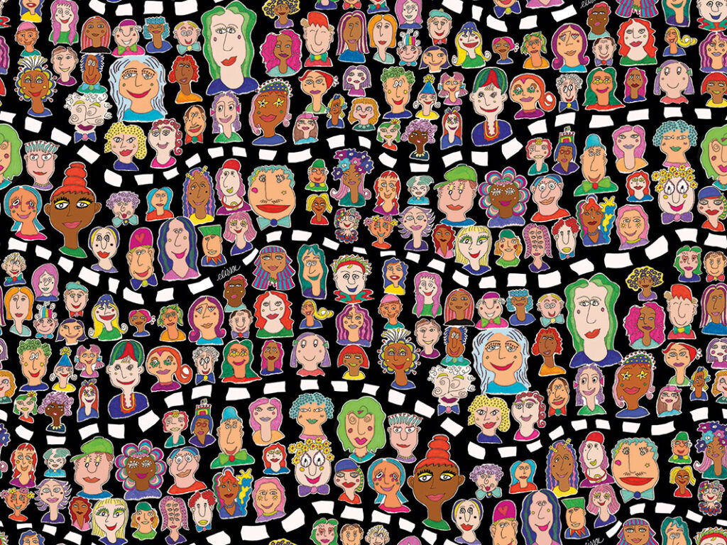 A colorful wallpaper featuring numerous stylized human faces with various hairstyles, skin tones, and expressions. Part of Elissa Bloom wallpaper collection