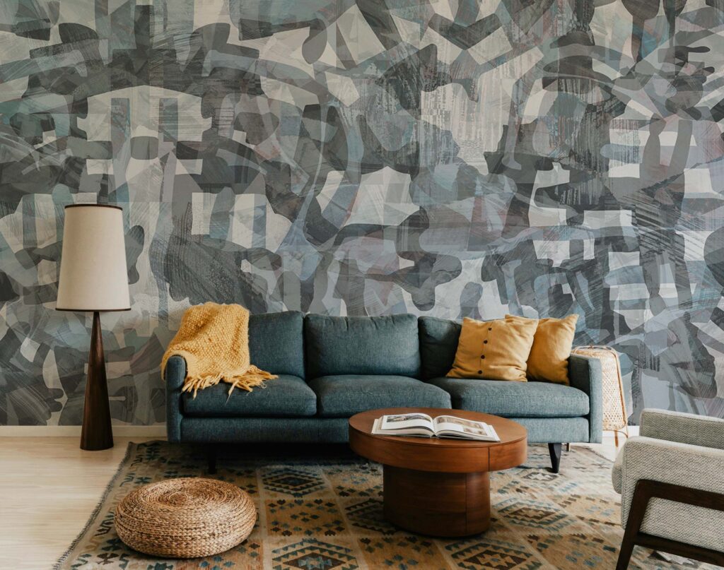 Living room wallpaper in blue. The Wild Ink Wallpaper collection