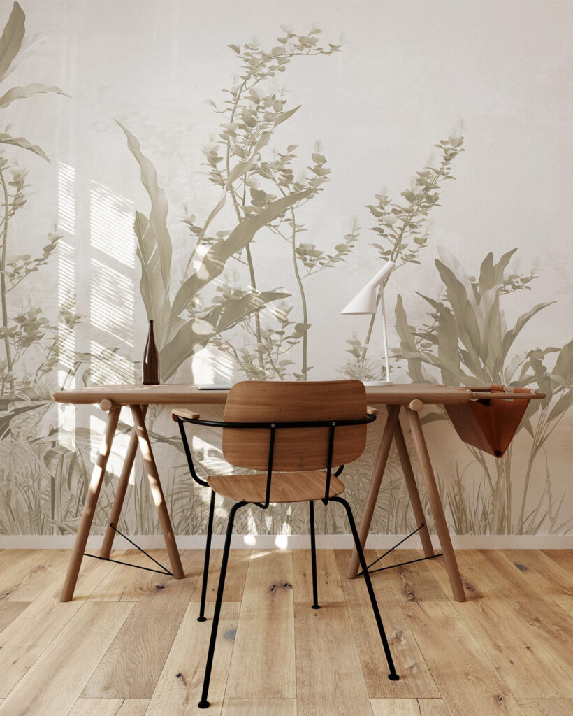Beige botanical wallpaper by Baubauwall for a home office