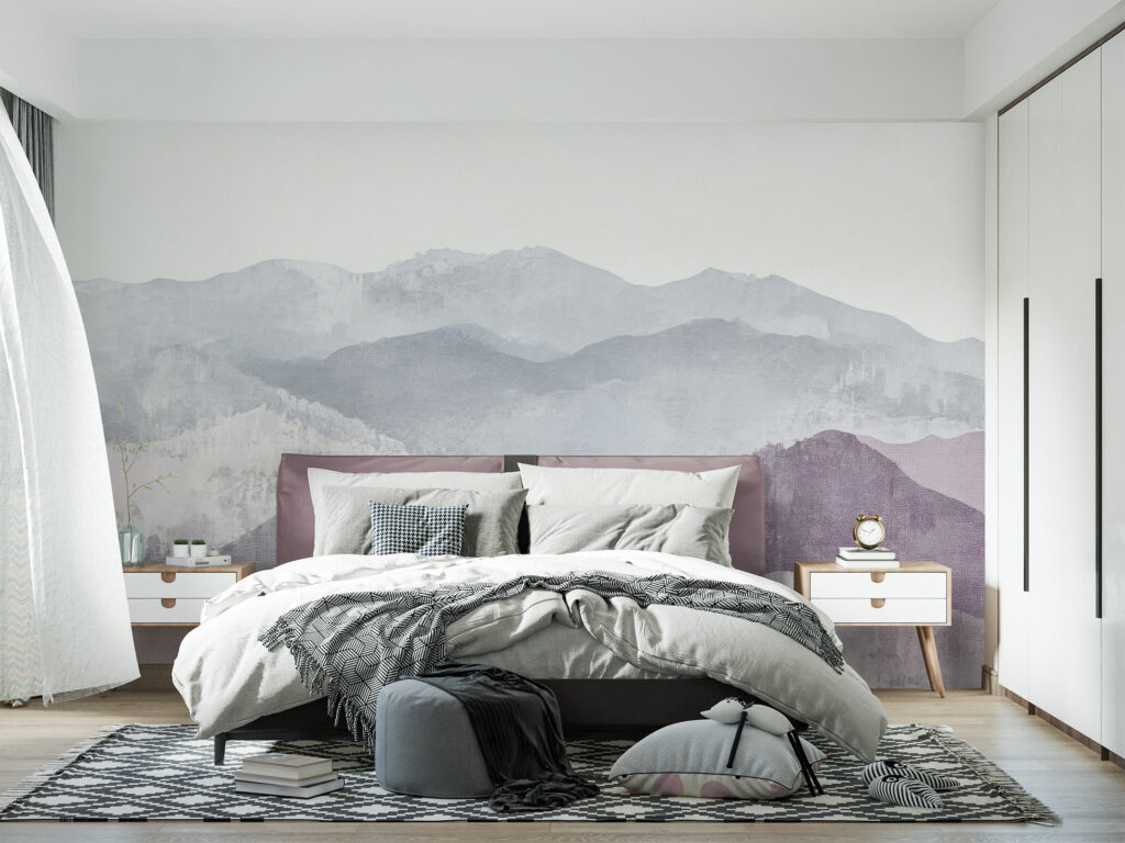 Soft, grey and violet coloured feature wall wallpaper in a lovely bedroom