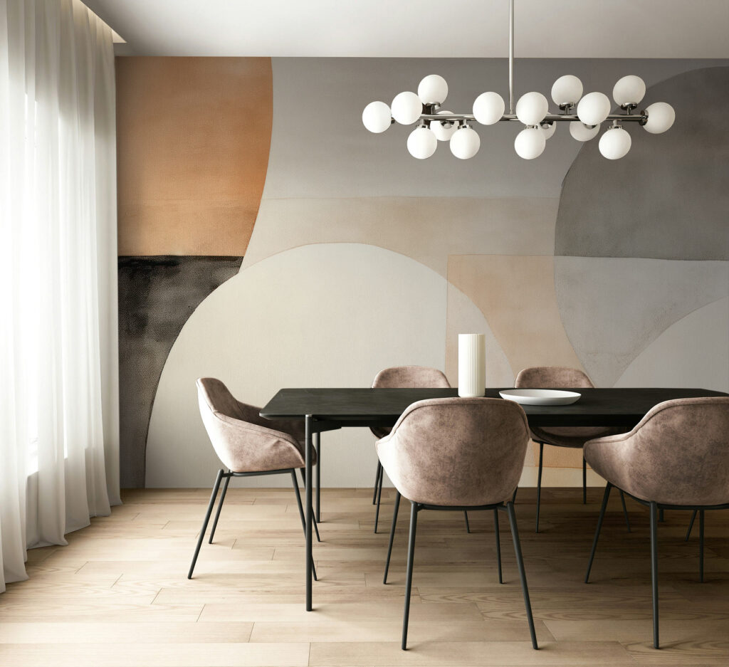 Beige mural wallpaper on a feature wall of a dining room. Baubauwall Wallpapers