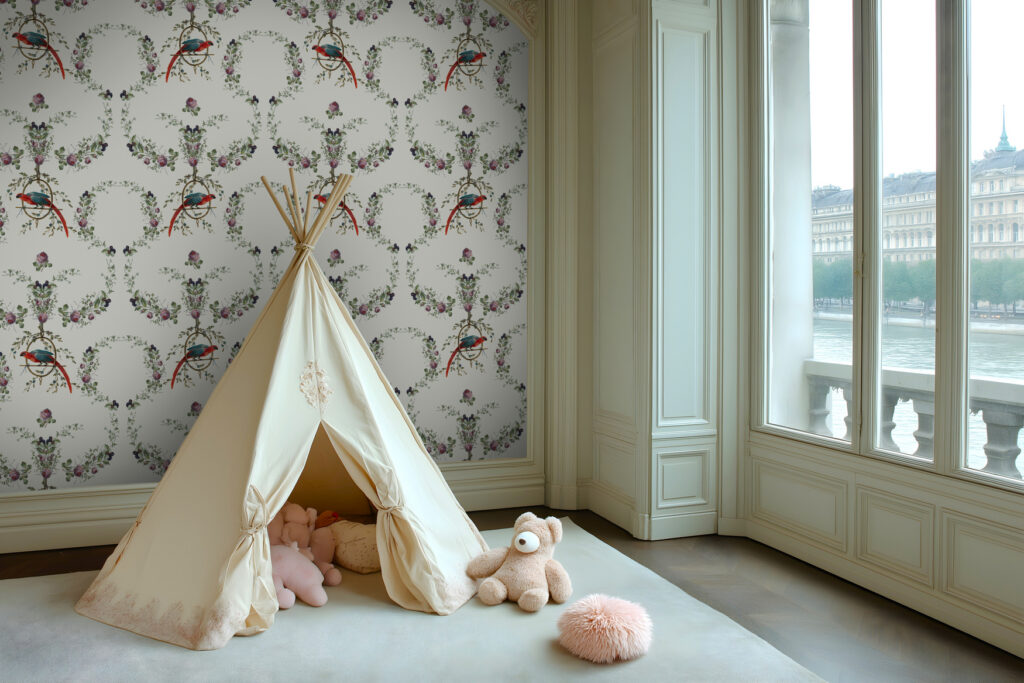 Beige luxury wallpaper with floral pattern and parrots. Baubauwall wallpapers