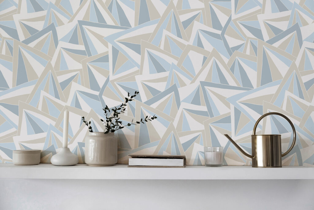 Pastel, light blue and beige color repeat pattern wallpaper for accent wall