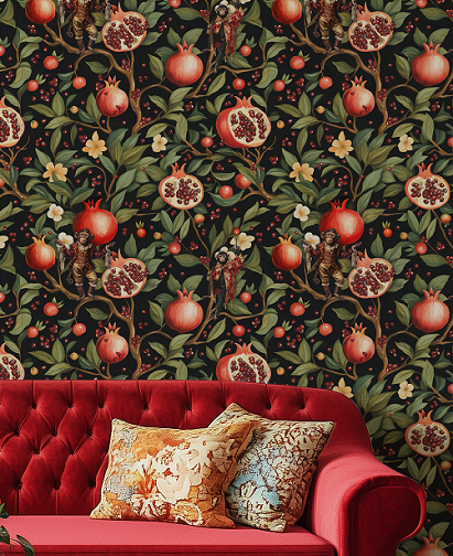 Maximalist wallpaper for moody decor lovers. Repeat pattern wallpaper with monkeys and lush pomegranates